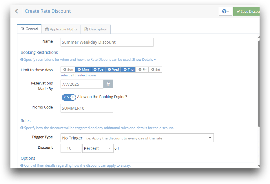 Screenshot of a rate discount setup showing a weekday-only Summer promotion with code SUMMER10 for 10% off bookings made by July 7, 2025.