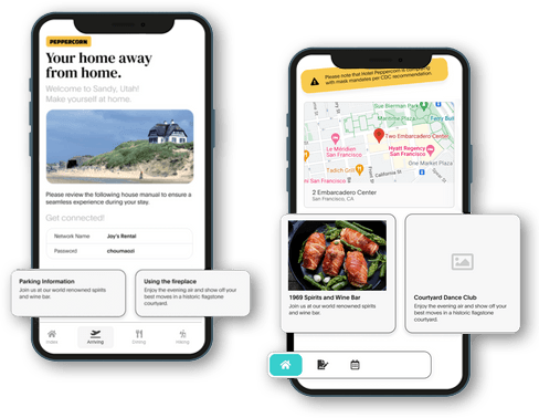 Mobile screens showing a digital guidebook, local recommendations, and guest messaging features powered by Akia for improving the guest experience.