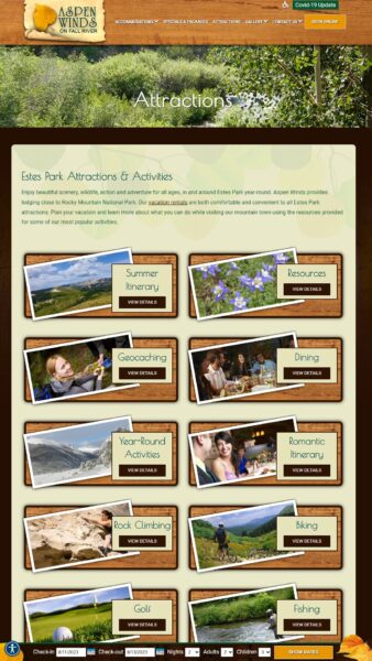 “Screenshot of a hotel’s attractions and activities webpage featuring categories like summer itinerary, geocaching, dining, year-round activities, rock climbing, biking, golf, and fishing.