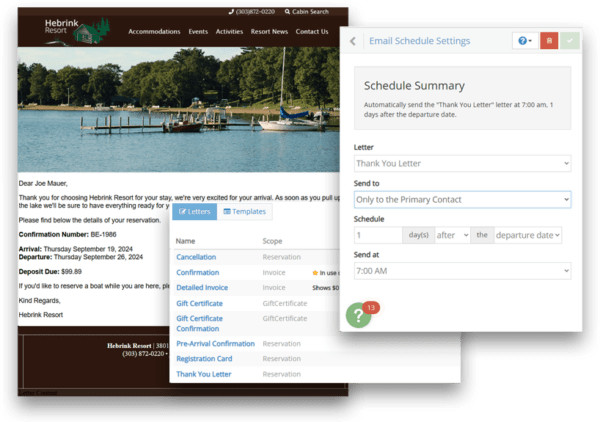 Screenshot showing rezStream’s automated email scheduling setup, including a sample thank-you letter, reservation details, and settings to send the message automatically after a guest’s departure.