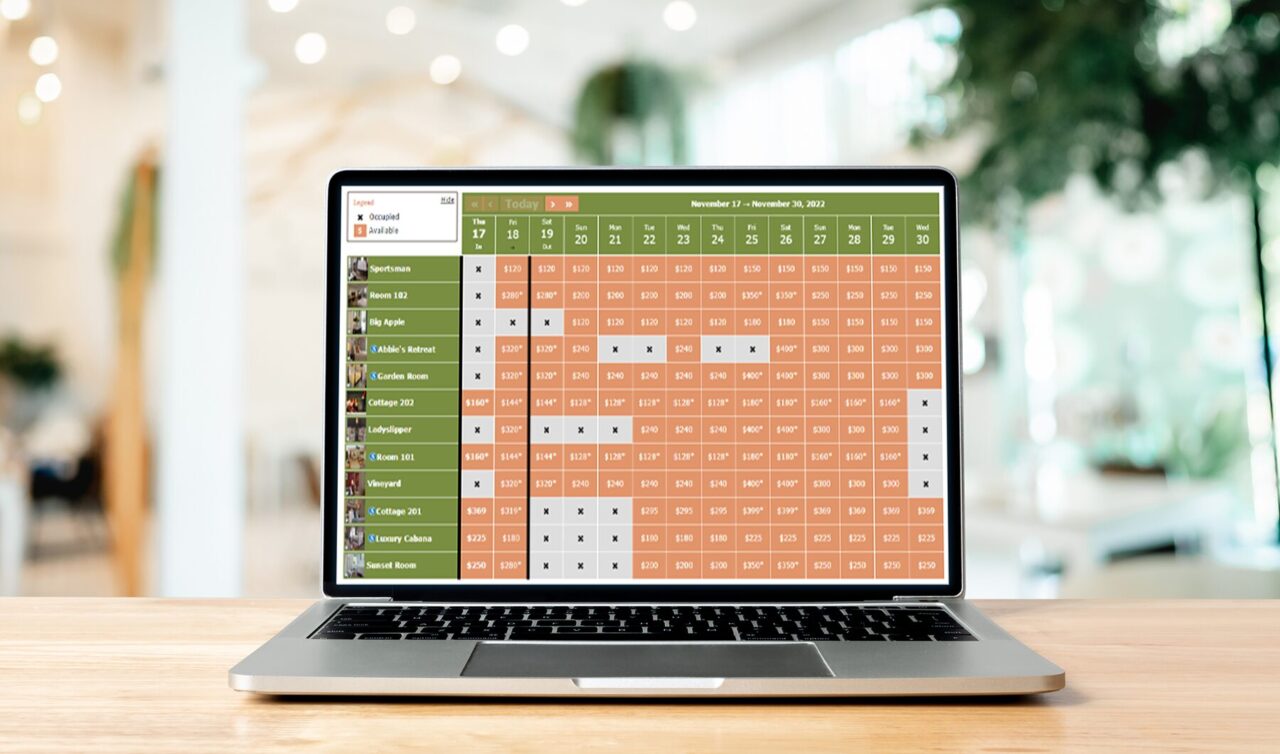 Image of the rezStream booking engine displayed on a laptop computer.