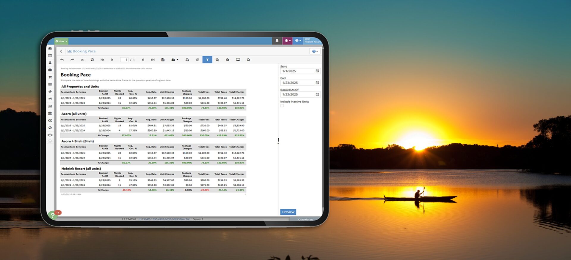 Screenshot of the Booking Pace report inside rezStream Cloud.