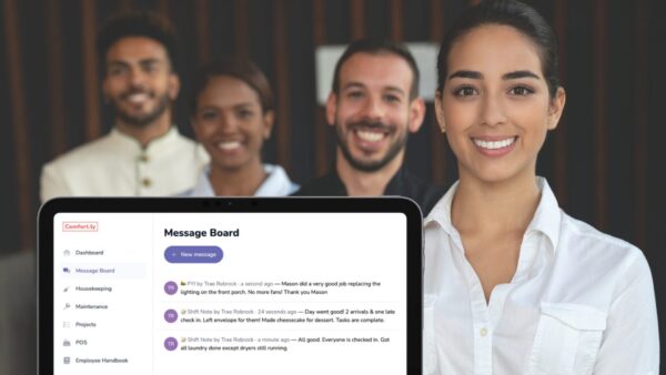 Smiling hotel staff standing in a row, representing efficient and professional housekeeping at a small independent property.
