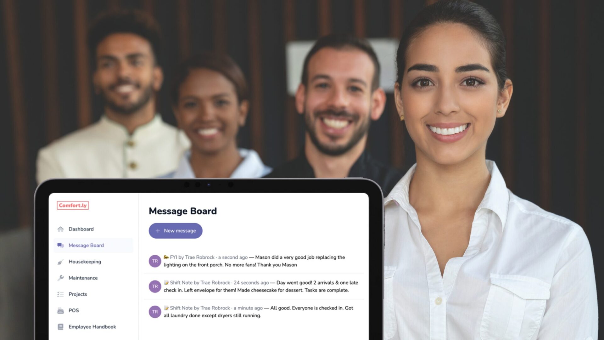 Smiling hotel staff standing in a row, representing efficient and professional housekeeping at a small independent property.