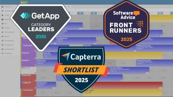 rezStream wins 2025 awards for best reservation software from Capterra, GetApp, and Software Advice, with platform badges displayed over a property management tape chart.