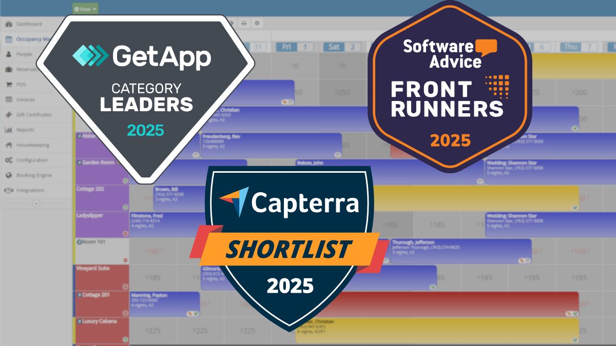 rezStream wins 2025 awards for best reservation software from Capterra, GetApp, and Software Advice, with platform badges displayed over a property management tape chart.