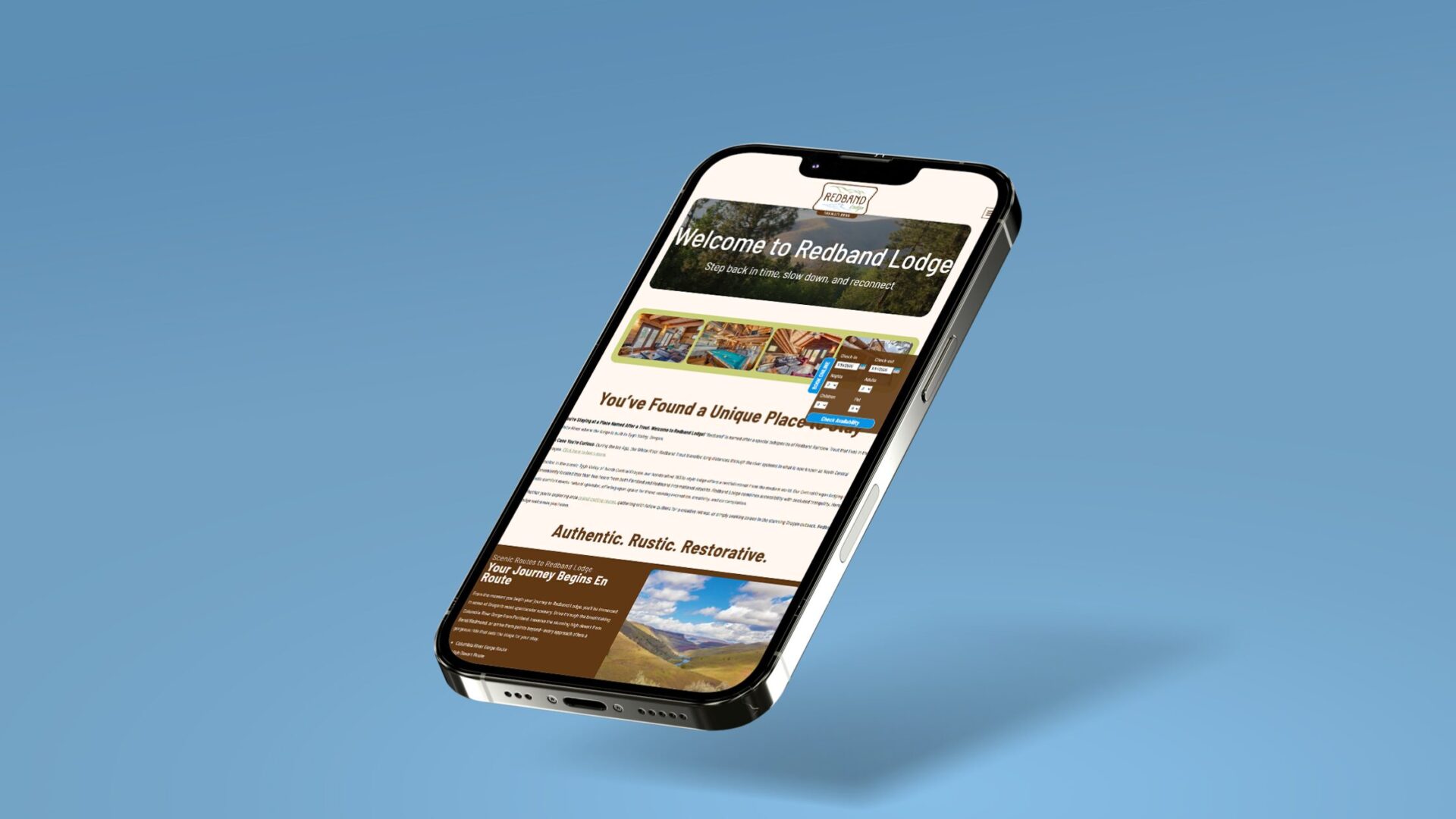 Cell phone showing an example rezStream lodging website.