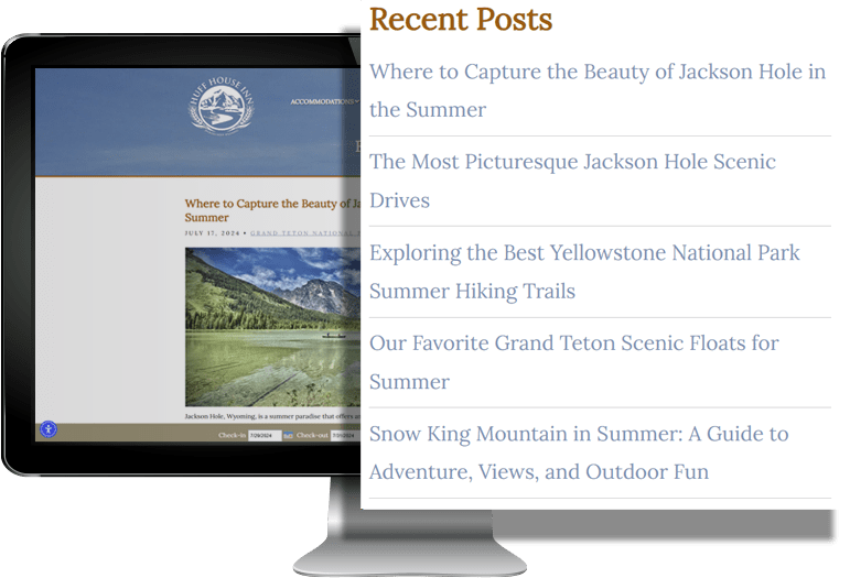 A computer showing sample independent lodging blog articles.