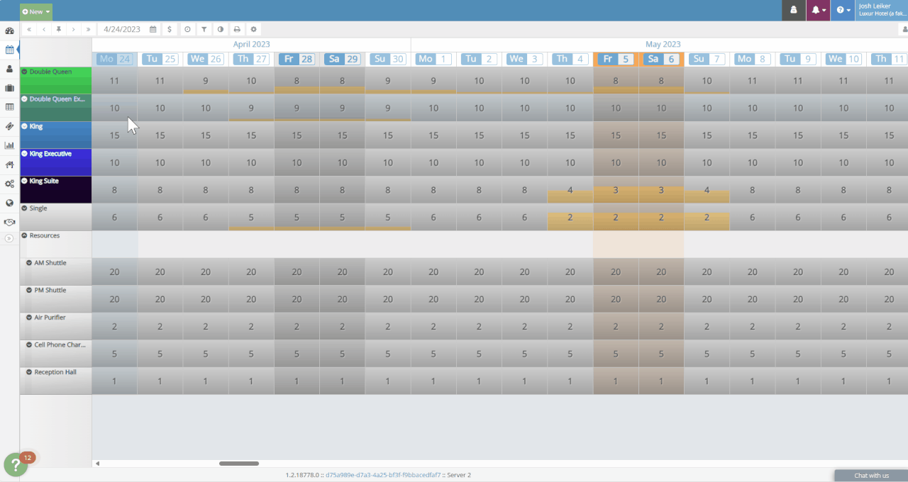 Animated GIF of the tape chart switching to a ‘Book by Type’ view, grouping units by room or site category and displaying availability counts for each type across the calendar.