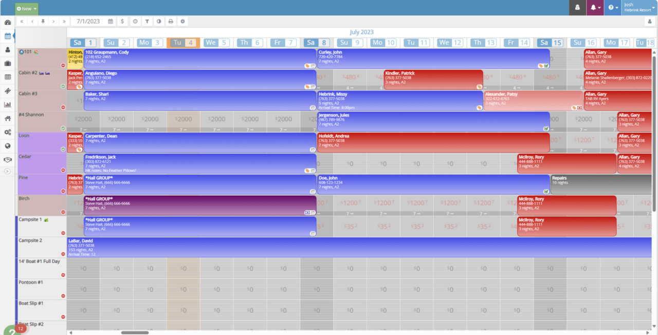 Tape chart view showing individual lodging units listed on the left and color-coded reservations arranged horizontally by unit across dates.