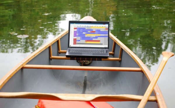 graphic of rezstreams occipancy map feature on a laptop in a canoe