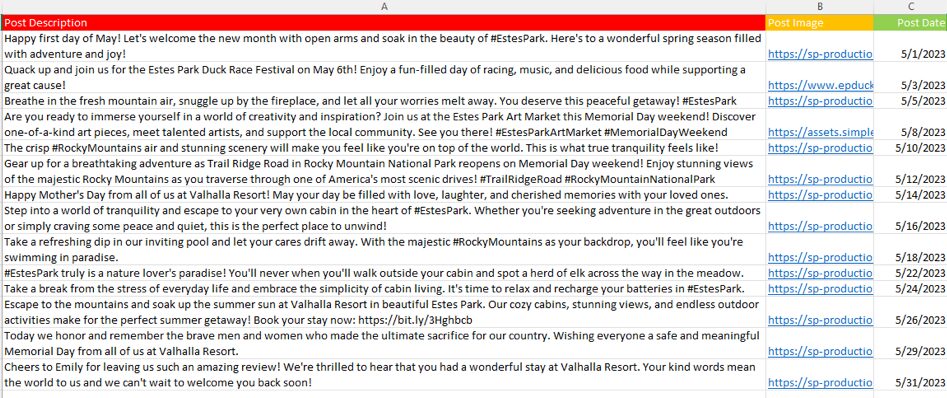 Spreadsheet-style content calendar showing social media post descriptions, associated image links, and scheduled post dates for a lodging property.