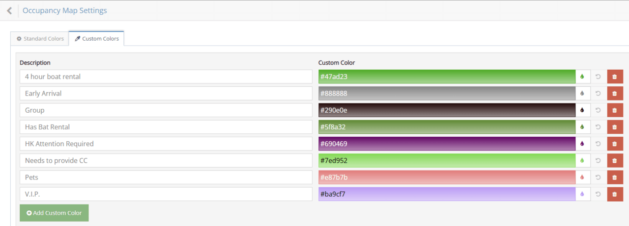 Screenshot of the Occupancy Map Settings custom color coding panel, showing editable descriptions and assigned color swatches for labels like ‘Early Arrival,’ ‘Group,’ ‘Pets,’ and ‘V.I.P.’