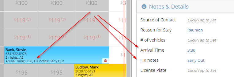 Screenshot showing a reservation box with custom fields such as arrival time and housekeeping notes, with arrows pointing to the matching fields in the reservation details panel.