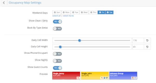 Screenshot of Occupancy Map Settings showing options to customize weekend days, toggle clean/dirty mode, adjust cell size, and choose whether to display nights, phone numbers, or guest counts, with preview reservation tiles.
