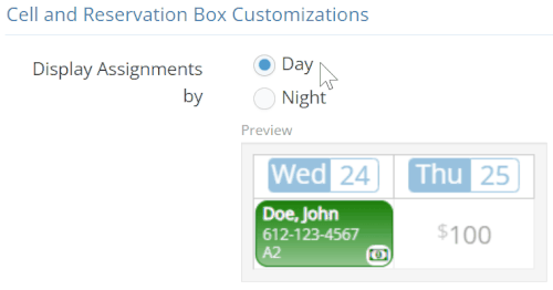 Animated GIF of the tape chart switching between Day mode and Night mode display styles, changing how reservation assignments appear on the grid.