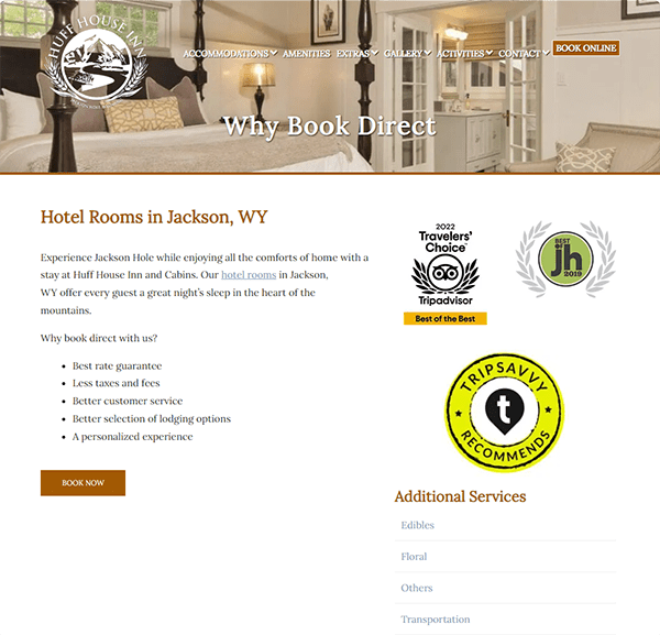 Screenshot of a hotel’s ‘Why Book Direct’ webpage featuring room information, direct booking benefits, and award badges from TripAdvisor, TripSavvy, and Jackson Hole Awards.