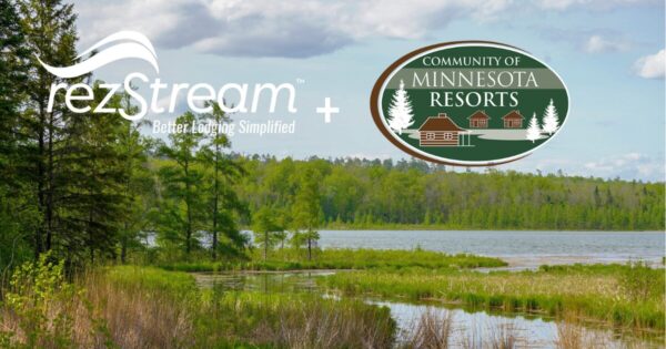 rezStream and Community of Minnesota Resorts partnership graphic over a scenic lakeside landscape.