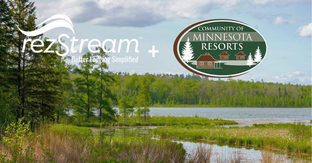 rezStream and Community of Minnesota Resorts partnership graphic over a scenic lakeside landscape.