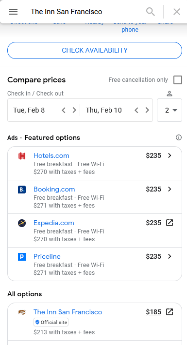 Mobile screenshot of Google Hotel Ads showing price comparisons from OTA sites like Hotels.com, Booking.com, Expedia, and Priceline alongside the hotel’s official rate.