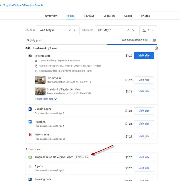 Google hotel prices view where the property’s official website rate appears beneath OTA listings, with an arrow pointing to the official site label.