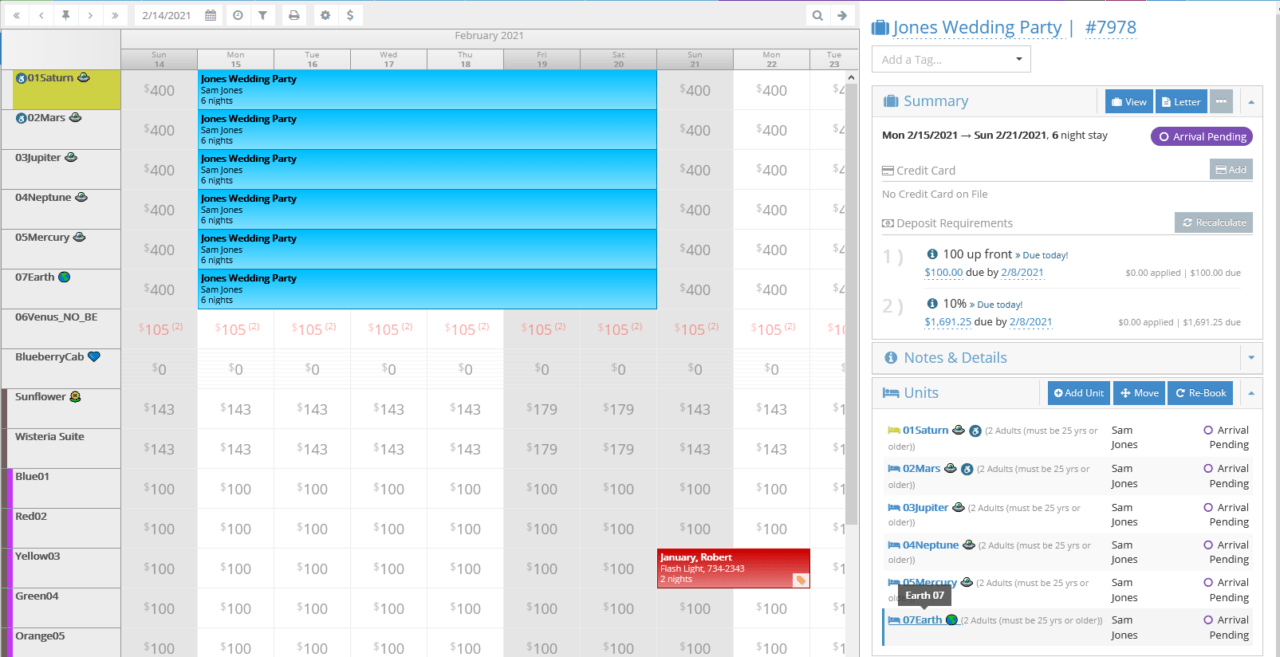 Screenshot of a hotel tape chart showing a group booking with multiple units reserved under the same guest name, along with a detailed group reservation panel on the right.