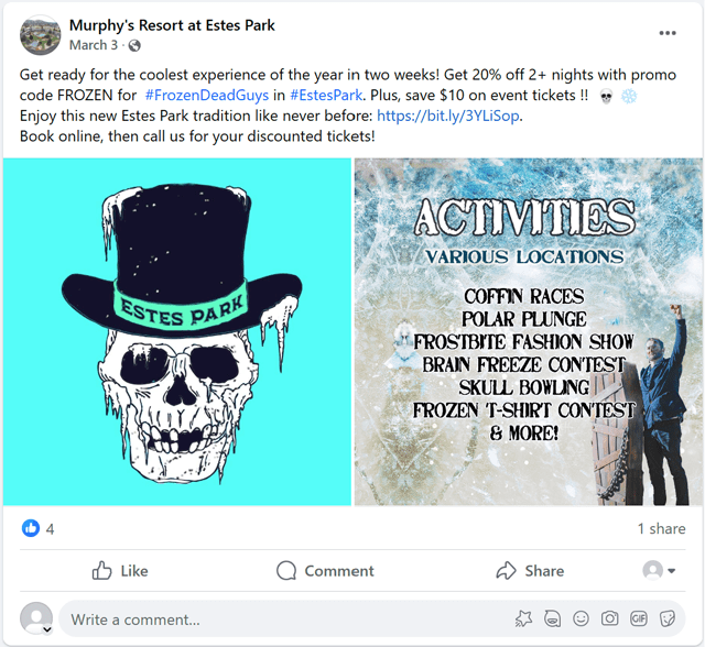 Facebook post from Murphy's Resort at Estes Park - Promoting a local attraction along with a promo related to the event.