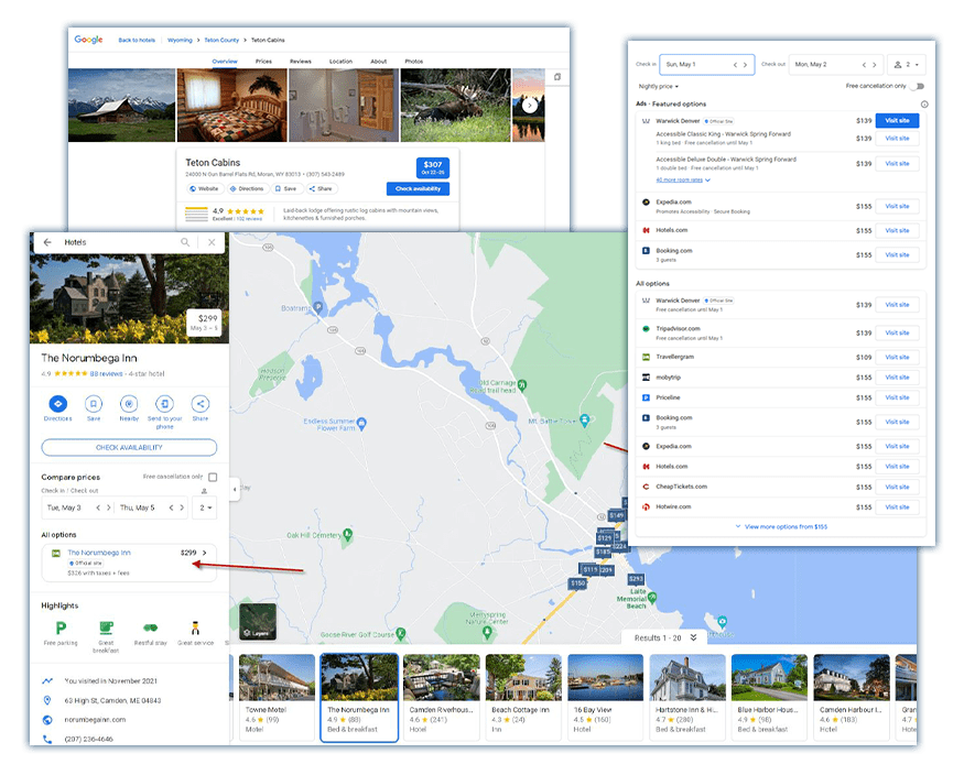 Google hotel search results displaying property listings, OTAs, pricing comparisons, and a location map showing nearby lodging options.