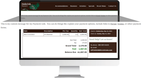 Example of a link to make payments with custom messaging for a resort website.