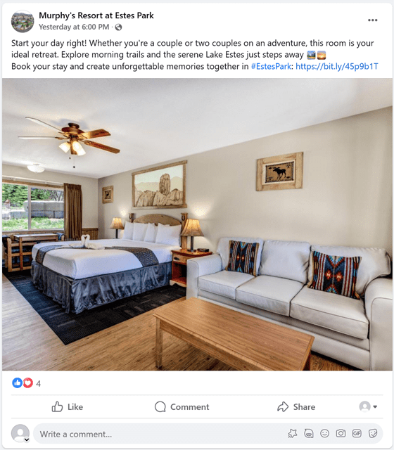 Facebook post from Murphy's Resort at Estes Park promoting one of their rooms.