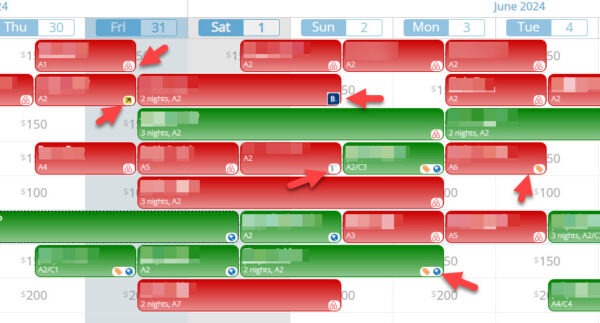 Tape chart screenshot showing various reservation icons, including indicators for OTA bookings, payment status, housekeeping, and guest notes displayed on individual reservations.