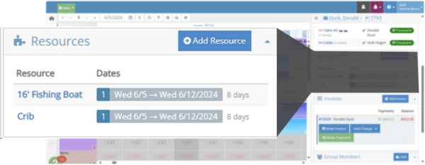 Screenshot of the rezStream resource management panel showing assigned resources—including a 16-foot fishing boat and a crib—with their reservation dates and duration in days.