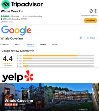 Examples of Trip Advisor, Google, and Yelp travel review sites
