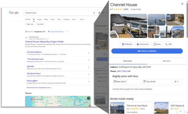 Example of a hotel property appearing in Google search results and local listings after implementing SEO with rezStream.