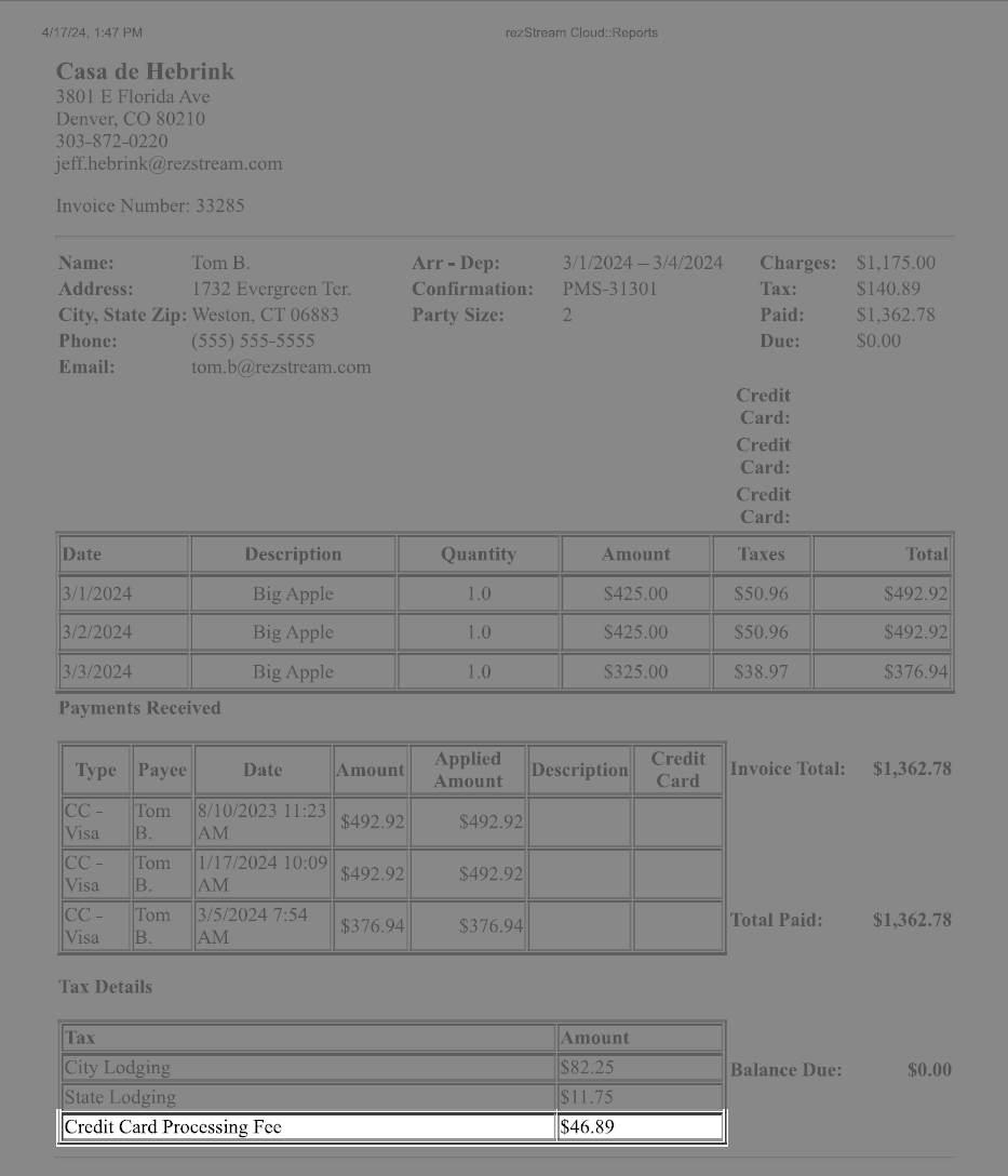 Sample hotel invoice with credit card surcharge line highlighted.