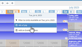 Tape chart screenshot with a dropdown menu open for a specific date, showing options to filter by available units, select a holiday like July 4th, or add custom event notes.