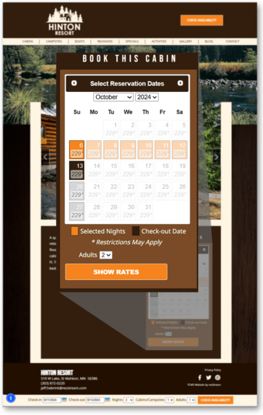 Individual unit calendar view on a resort website showcasing real-time unit availability for guests.