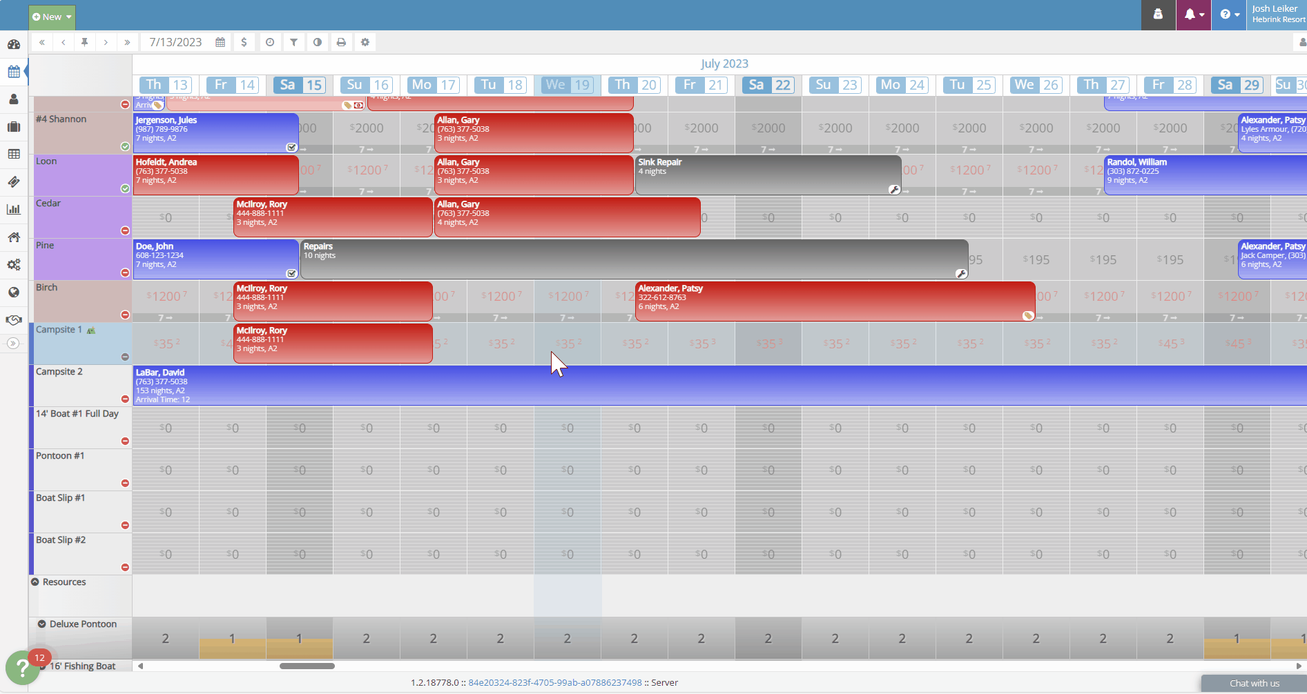GIF showing a hotel tape chart with color-coded reservations arranged on a visual calendar, displaying unit availability, stay lengths, repairs, and overlapping bookings across dates.