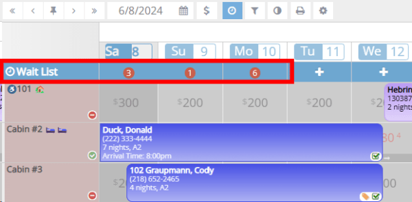 Screenshot of a hotel tape chart showing a waitlist row with numbered indicators for guests waiting on specific dates.