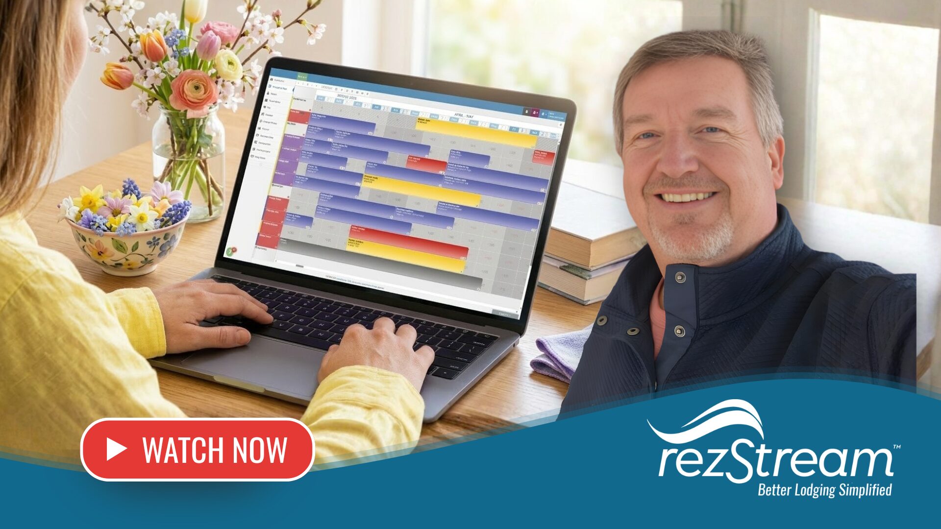 Hotel manager using booking software on laptop with Jeff Hebrink promoting a webinar on optimizing websites and booking engines for peak season
