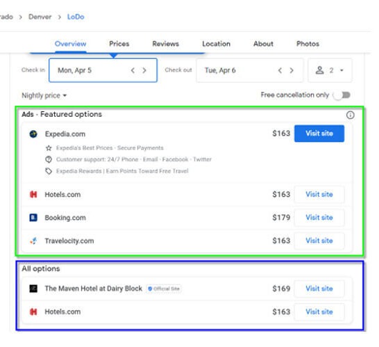 Google hotel pricing panel highlighting featured OTA options alongside the hotel’s official site listing for direct booking.