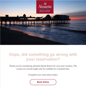 Automated recovery email from Alouette Beach Resort with a sunset pier image asking if something went wrong with the reservation.