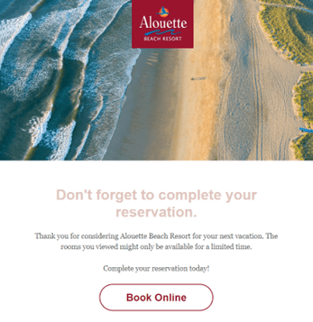 Automated reminder email from Alouette Beach Resort with an aerial beach photo and a prompt to complete the reservation.