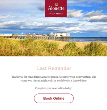 Automated booking-abandonment email for Alouette Beach Resort with a daytime beach photo and a reminder to complete the reservation.