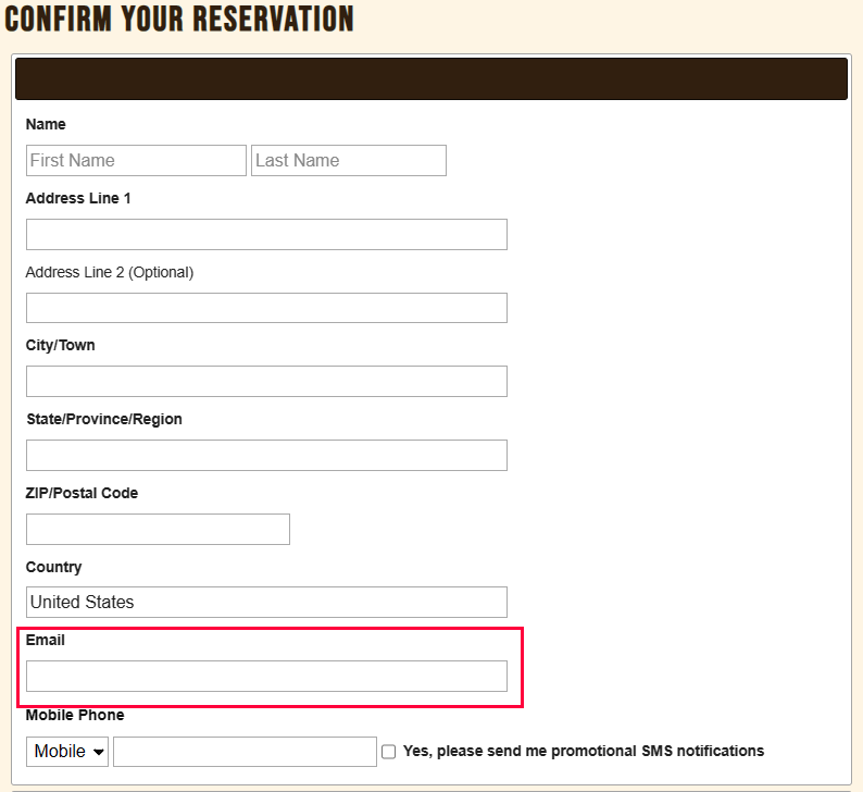 Email field highlighted on a reservation confirmation form, showing how properties collect guest email addresses automatically during booking.