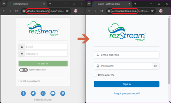 Screenshot showing the updated rezStream Cloud login window, highlighting the new URL.