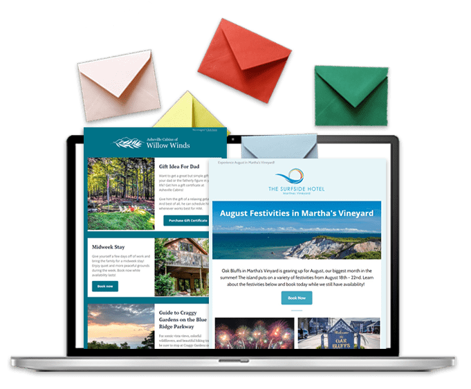 Email marketing examples displayed on a laptop with colorful envelopes above, showing promotional hotel newsletters and seasonal campaign templates.
