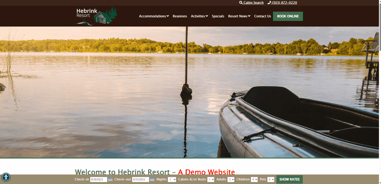 Resort website homepage featuring a serene lake at sunset with a small boat tied to a dock, showcasing how family resorts can update their website visuals for end-of-season marketing.