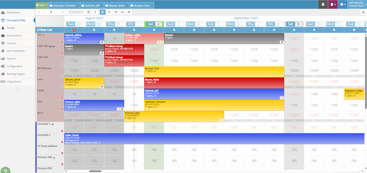 rezStream Cloud occupancy map screenshot displaying late-August and early-September reservations, color-coded bookings, waitlist indicators, unit names, and nightly rates to help family resorts manage end-of-season availability.