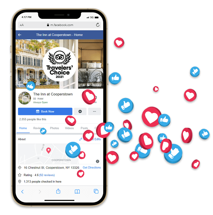 A cell phone showing the Facebook page for Inn at Cooperstown